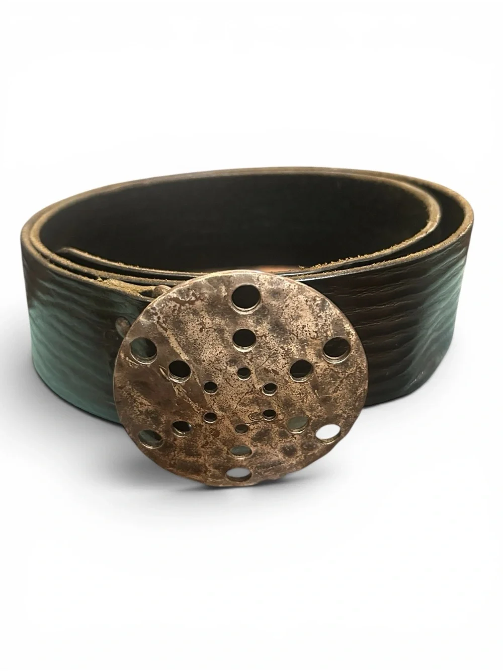 CYDWOQ Leather Belt With Round Metal Buckle with Holes Unique